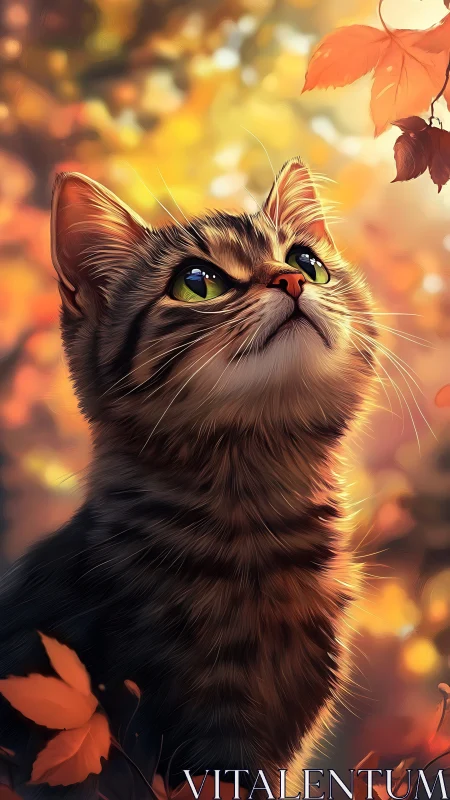Autumn Feline Portrait: Digital Rendering with Warm Seasonal Palette.