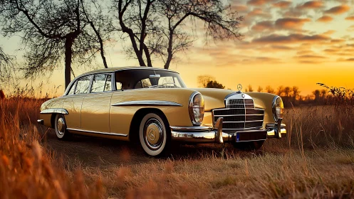 Golden vintage car resting in a warm autumn sunset field.