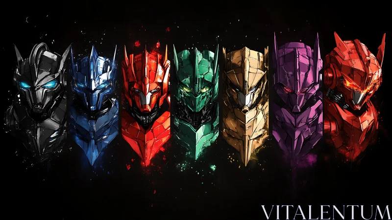 Cyberpunk mech helms in chromatic sequence, symmetric layout.