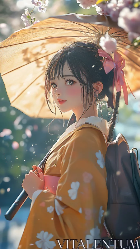 Girl in floral kimono holds parasol under soft cherry blossom light