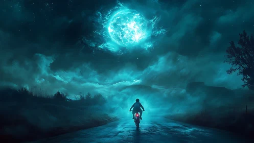 Motorcyclist races under glowing cyan supermoon sky.