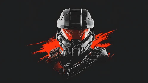 Armored space soldier emerges from vivid red darkness