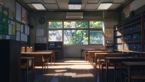 Sunlit anime classroom filled with quiet after-school calm.
