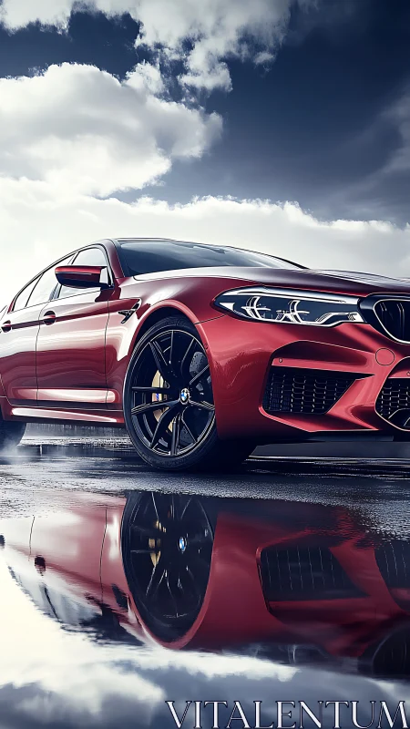 Red sports sedan on wet asphalt with strong sky reflection.