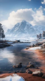 Snow-covered mountain and river in clear winter daylight.