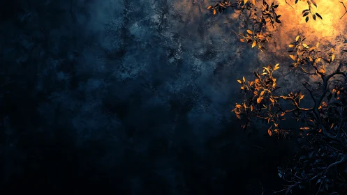 Cranial light bathes autumnal branches against textured void