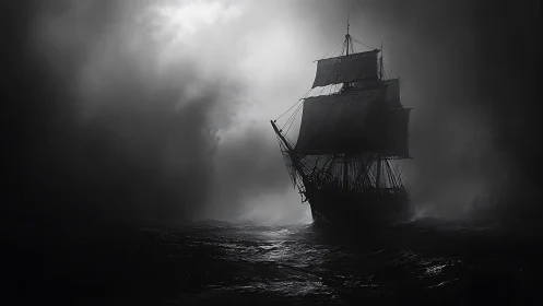 Square-rigged tall ship emerging from high-contrast sea fog.