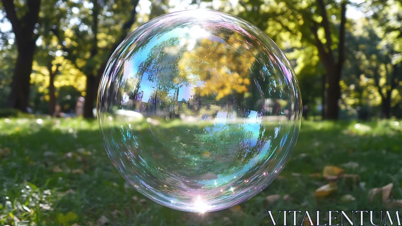Sunlit soap bubble hovers above a tranquil green park lawn