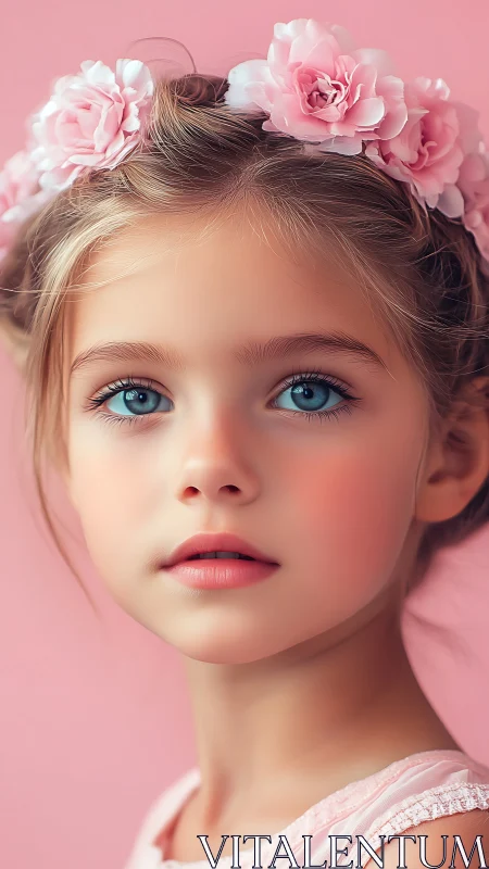 Young Girl with Pink Floral Crown Against Soft Rose Background.