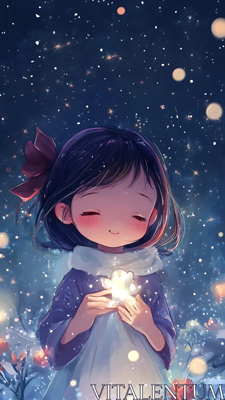Snowlit girl cradling glowing bunny amid dreamy night sky.