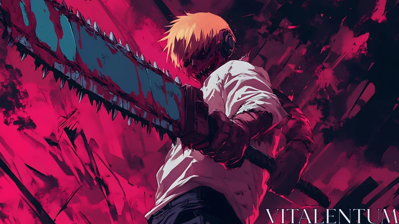 Chainsaw-headed warrior brandishes massive blade in crimson storm