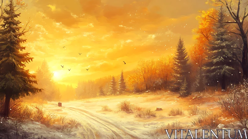 Sunlit winter forest path extends under orange evening sky