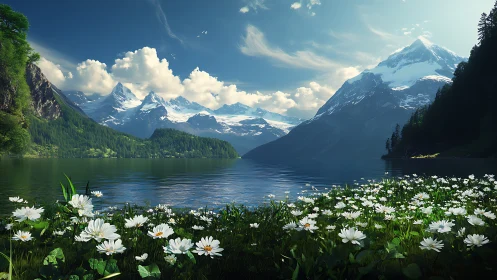 Mountain lake with snow peaks and foreground wildflowers.