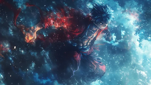 Energetic anime fighter soaring through glowing space field.