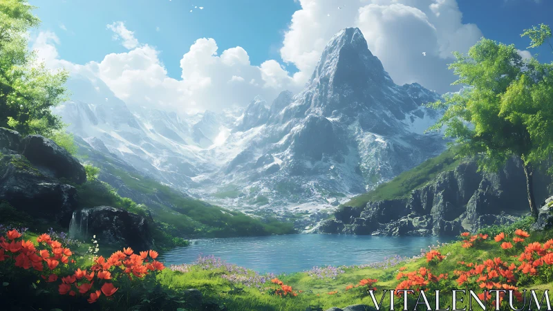 Mountain lake morning wrapped in bright wildflower calm.