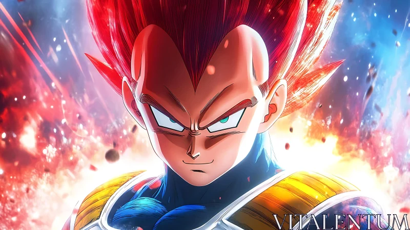 Fiery-haired anime warrior amid explosive cosmic energy.