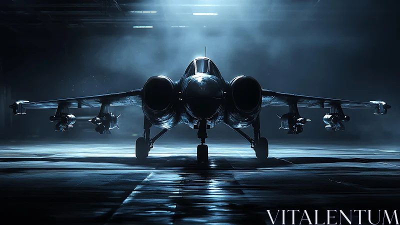 Twin‑engine military jet on dimly lit hangar floor at night.