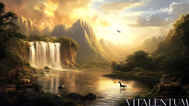 Golden fantasy valley with waterfalls and grazing animals.