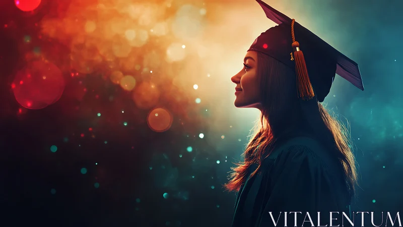 Side-profile graduate under bokeh-saturated spectral lighting.