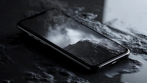 Smartphone lies on wet textured surface with foggy screen image