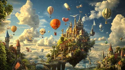 Fantasy sky kingdom with floating castle and airships rendered.