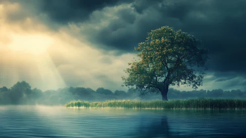 Solitary lakeside tree drinking dawn from a storm-torn sky.