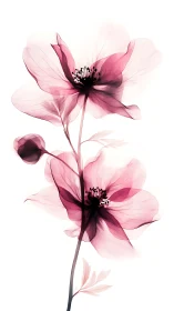 Two Pink Cosmos Flowers With Translucent Petals And Dark Center Stamens