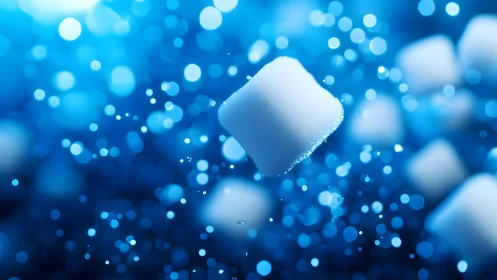 Sugar cubes drift through electric blue bokeh constellations.
