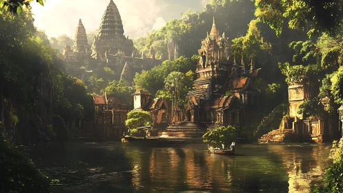 Sunlit river temple complex with dense jungle and stepped spires