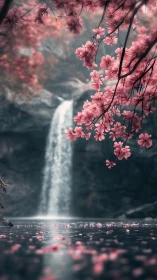 Delicate cherry blossoms frame a soft-focus mountain waterfall