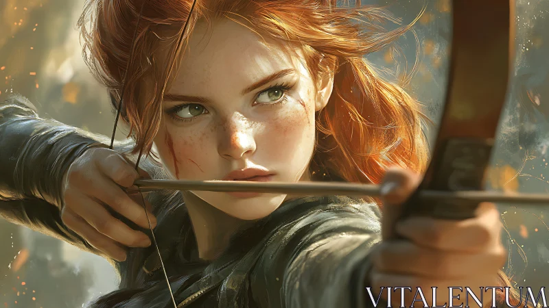 Flame haired huntress locking her arrow on destiny’s heart.
