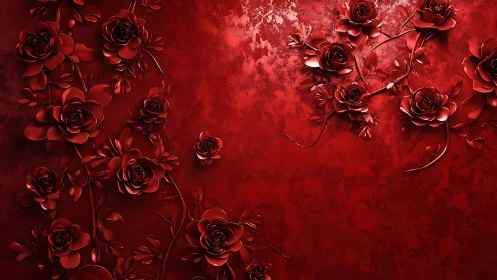 Deep Red Sculptural Roses Against Textured Grunge Background.