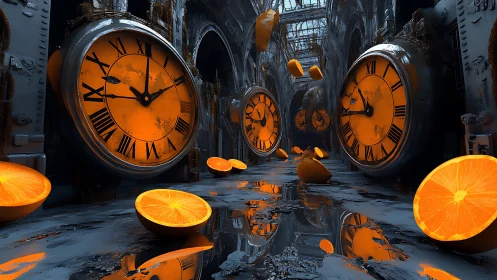 Glowing orange clocks and citrus slices in a dreamy corridor.