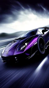 Purple supercar in dynamic motion blur on wet highway at night