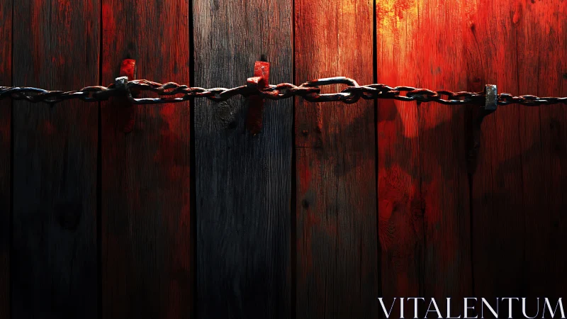 Rust-darkened chain slices through ember-stained wooden dusk