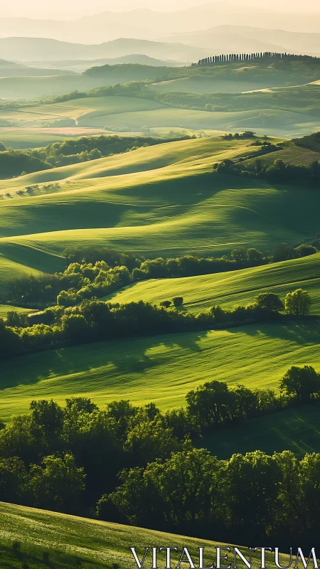 Sunlit green hills roll gently under hazy golden skies