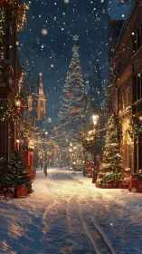Photorealistic snowy street with illuminated Christmas decor.