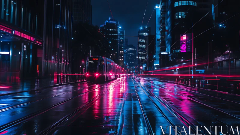 Neon city tram glides through glowing wet streets at night