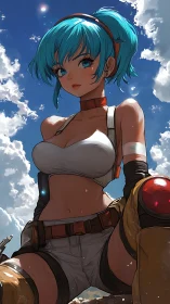 Sky-bright anime explorer rests confidently under soft clouds