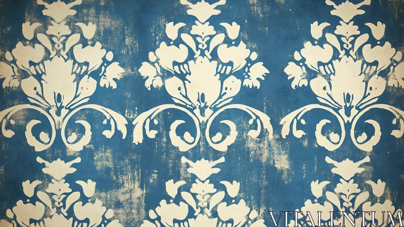 Vintage blue damask wallpaper with distressed floral pattern.