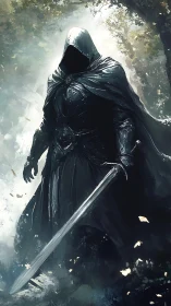 Hooded dark knight with greatsword in misted forest gloom.