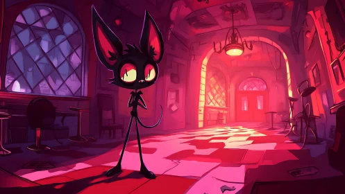 Big-eared cartoon cat watches over neon-lit empty hall.