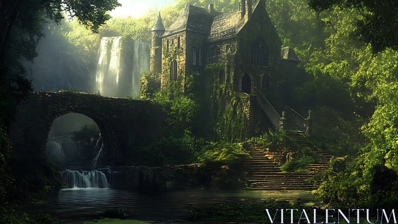 Mossy riverside manor rests quietly beside tall waterfalls