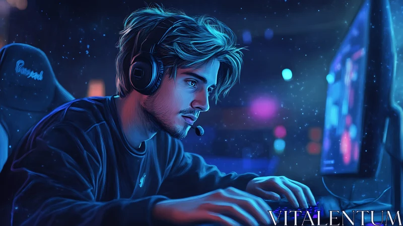 Focused esports gamer in neon blue cyber gaming setup.