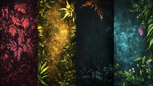 Four seasonal jungle panels frame rich glowing foliage.