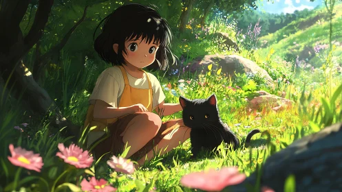 Anime girl and black cat in sunlit forest meadow scene