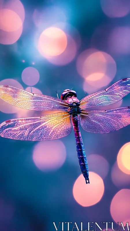 Dragonfly macro view with bokeh background in neon light.