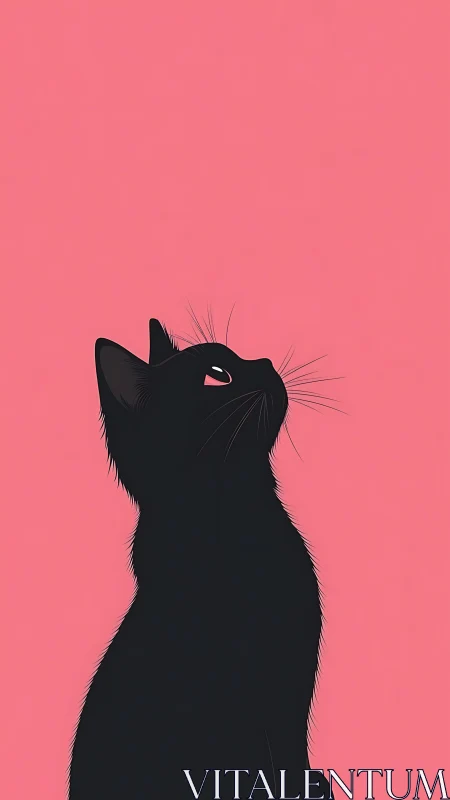 Silhouetted Cat Gazing Upward Against Coral Pink Background.