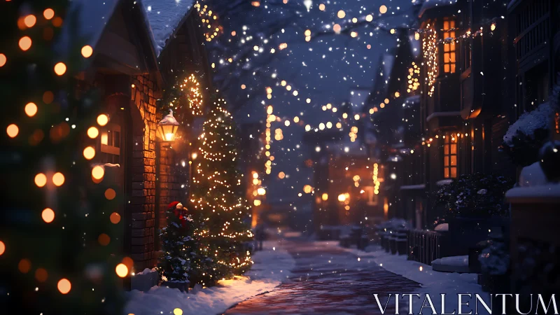Cozy snowy village street glowing with gentle holiday lights.
