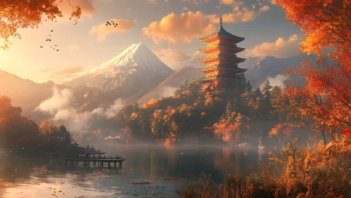 Pagoda by misty lake beneath distant snow peak at dusk.